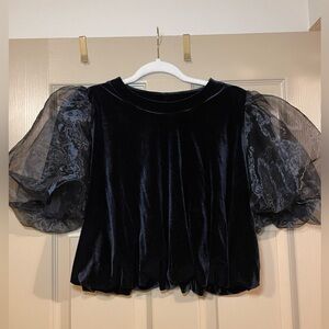 Maeve Black Velvet Blouse with Sheer Puff Sleeves